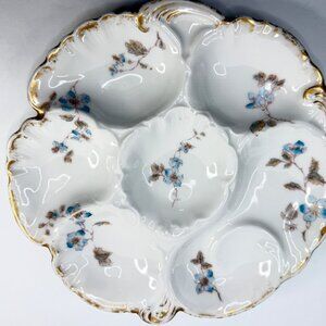 Haviland Limoges Blue Floral Oyster Plate Gold Trim France 9in A855
